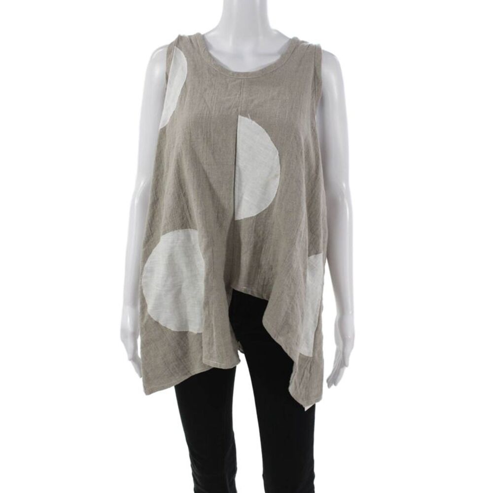 Diane Ness Women Tunic Linen Polka Dot Sleeveless Round Neck Beige Size L